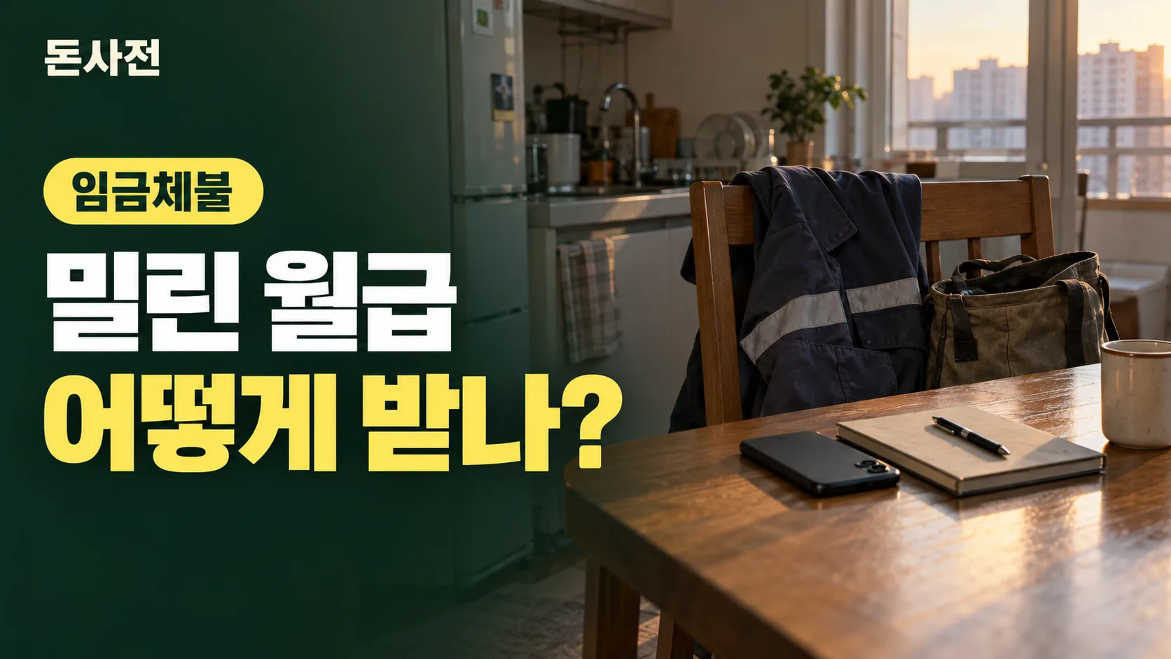 해 질 녘 아파트 부엌 식탁 의자에 작업복 점퍼와 가방이 걸려 있고 휴대폰과 수첩이 놓인 생성 사진풍 표지, 밀린 월급을 어떻게 받는지 묻는 제목