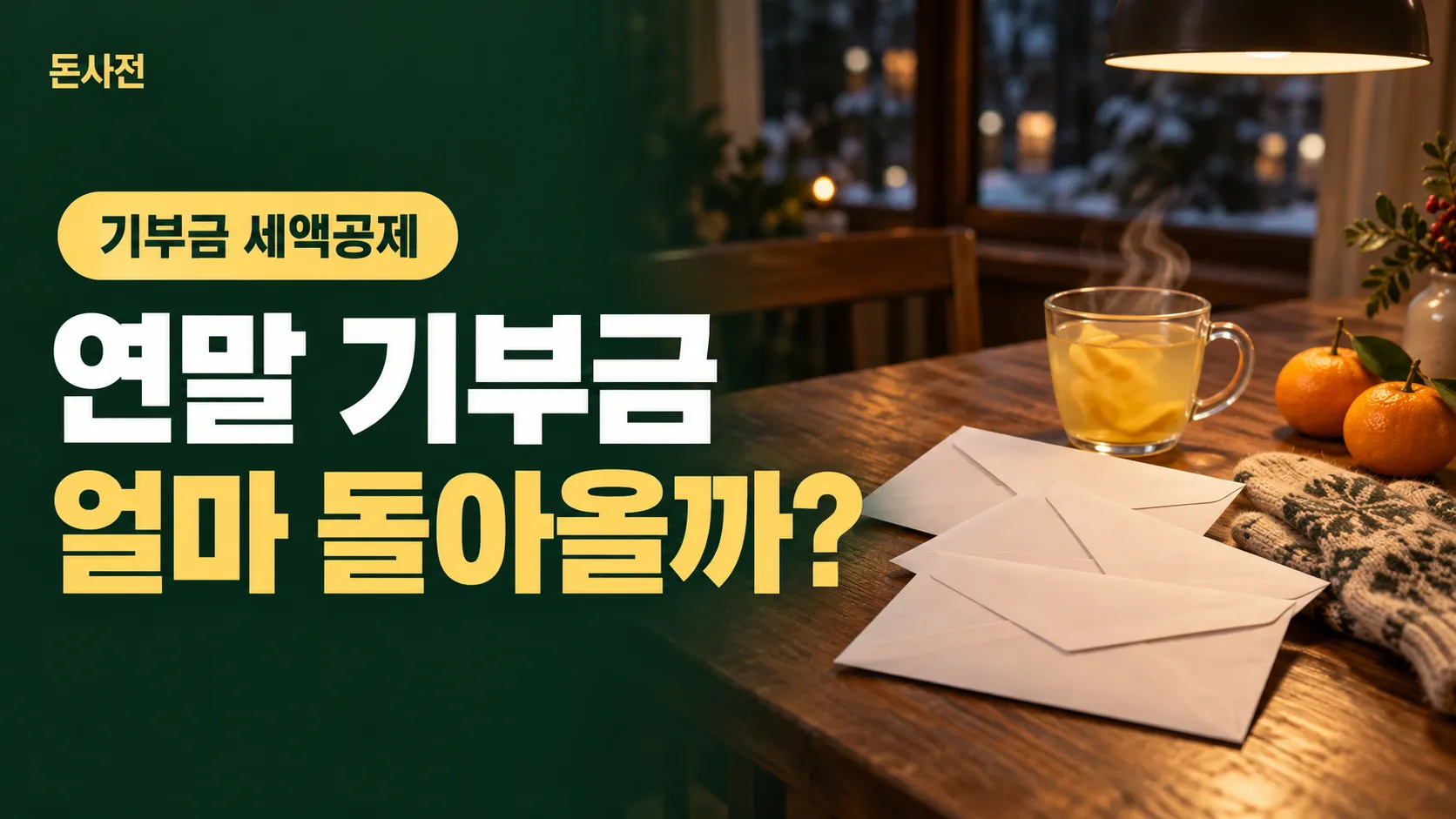 겨울 저녁 원목 식탁 위 겹쳐 놓은 무지 흰 봉투, 털장갑, 유자차 유리컵, 귤 두 개를 담은 사진풍 표지. 「기부금 세액공제」 표시와 「연말 기부금 얼마 돌아올까?」 제목