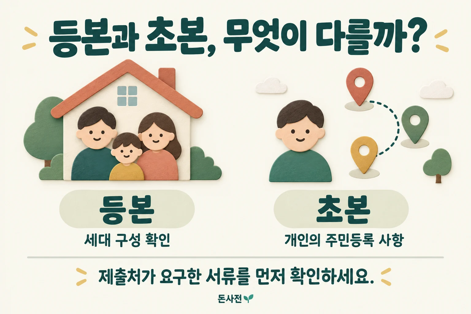 등본은 세대 구성, 초본은 개인의 주민등록 사항을 확인하는 문서라는 비교 그림