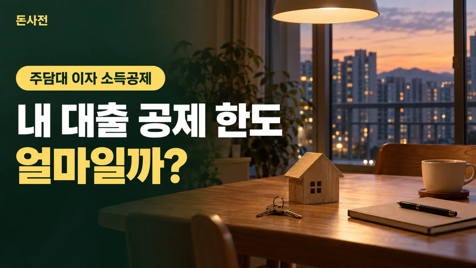 저녁 아파트 식탁 위 나무 집 모형·열쇠·노트·찻잔 사진에 「주담대 이자 소득공제 내 대출 공제 한도 얼마일까?」 제목을 얹은 돈사전 표지
